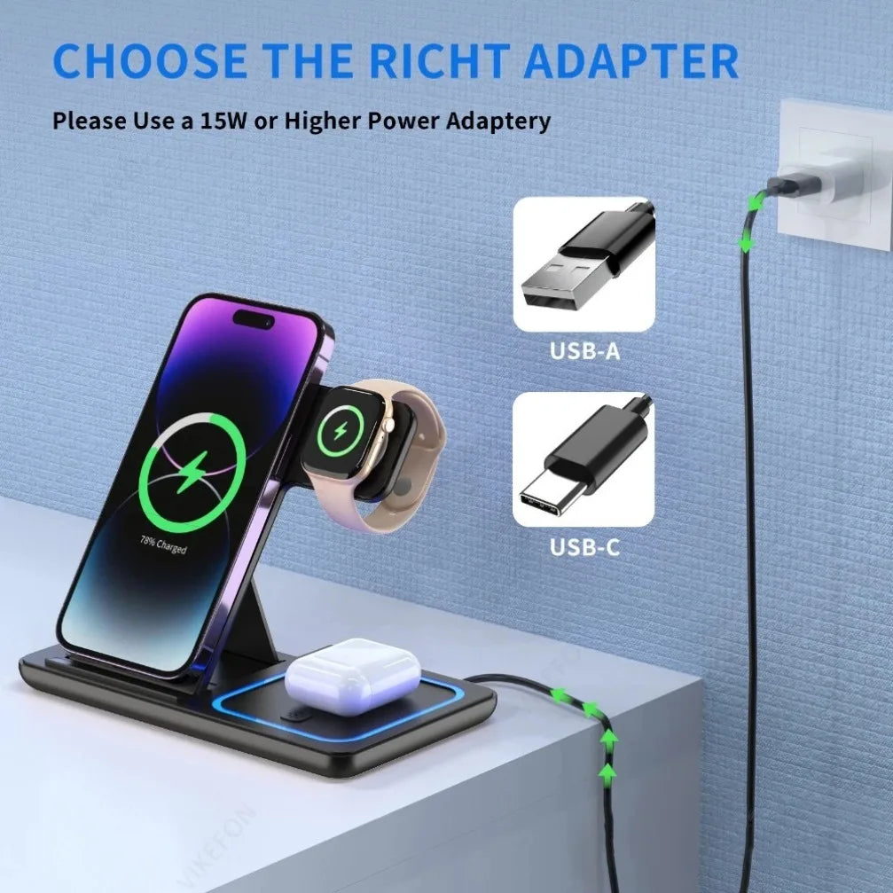 3 in 1 30W Foldable Wireless Charging Station for iPhone & iWatch Ultra Airpods Pro