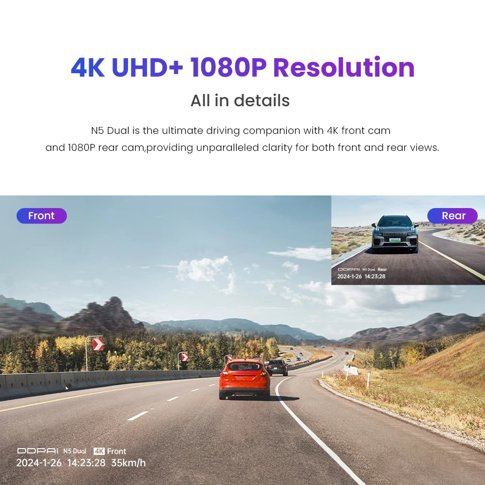 Dash Cam N5 Dual Front and Rear 4K Ultra HD Resolution Dash Camera NightVIS ADAS GPS Auto record (Cam for Car)