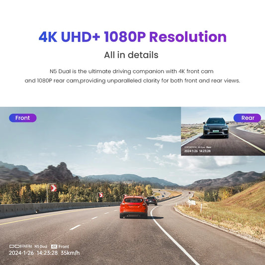 Dash Cam N5 Dual Front and Rear 4K Ultra HD Resolution Dash Camera NightVIS ADAS GPS Auto record (Cam for Car)